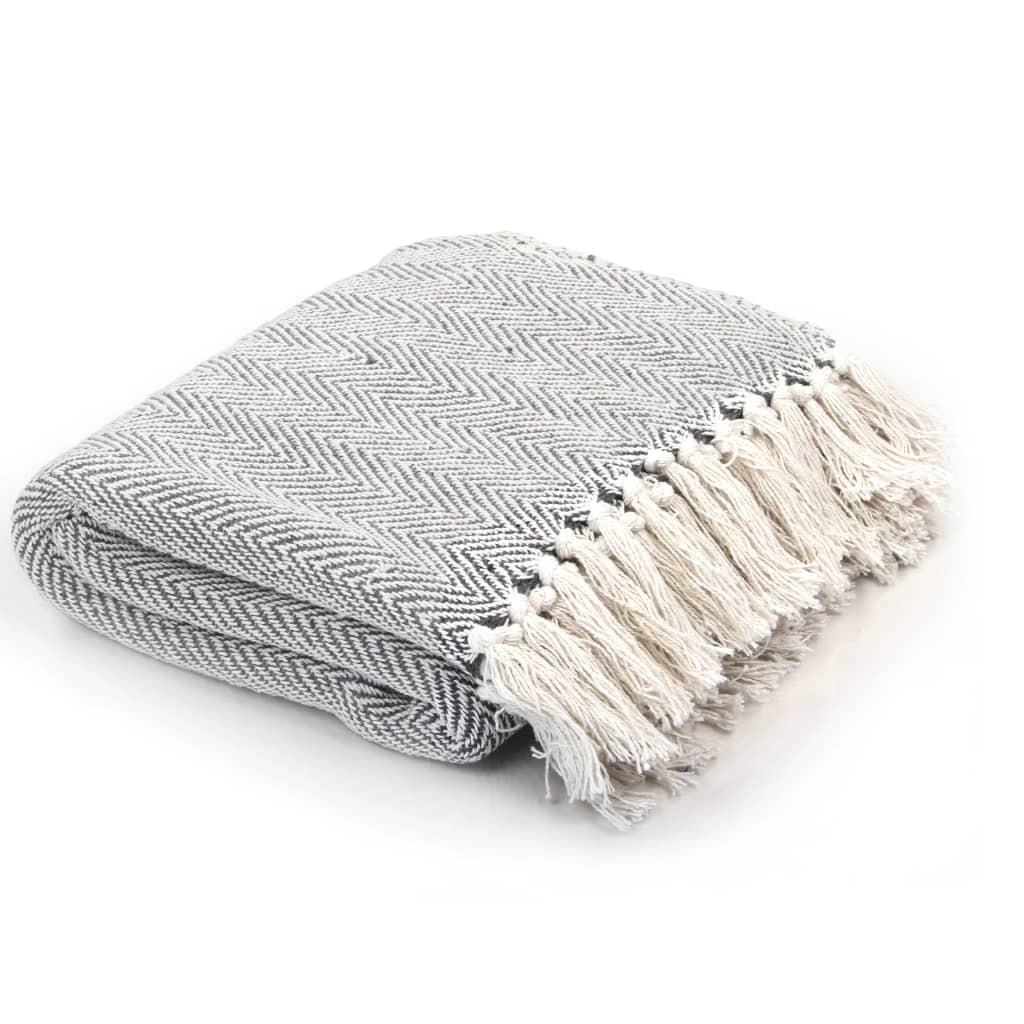 Cotton Throw Herringbone – Grå, Blå og Sort