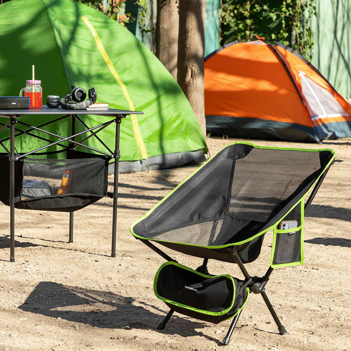 Foldbar Campingstol Sort – Bæretaske & Sidelomme