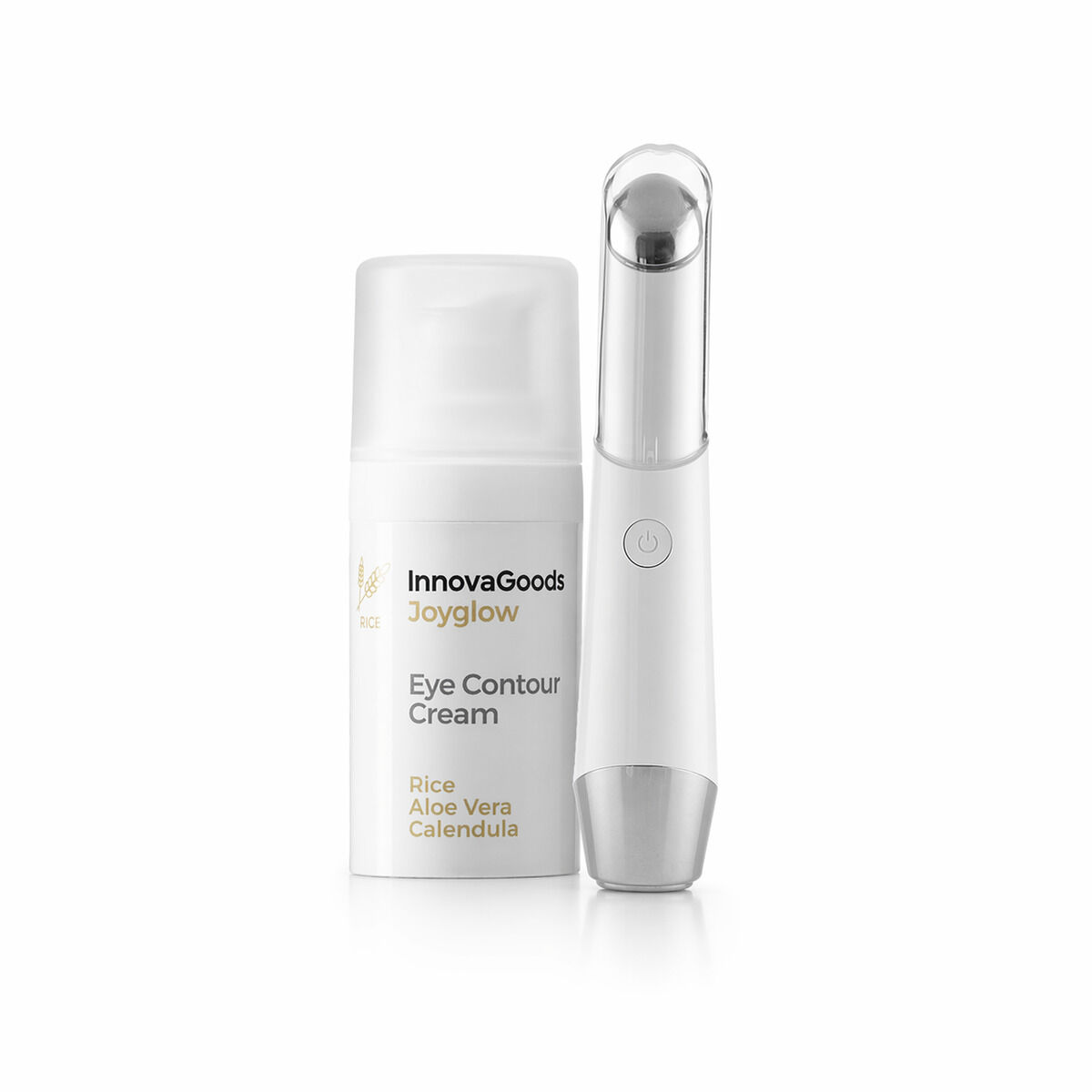 Pack Øjenmassageapparat mod aldring med fototerapi og termoterapi og Øjenkontur Rice Joyglow 15 ml InnovaGoods